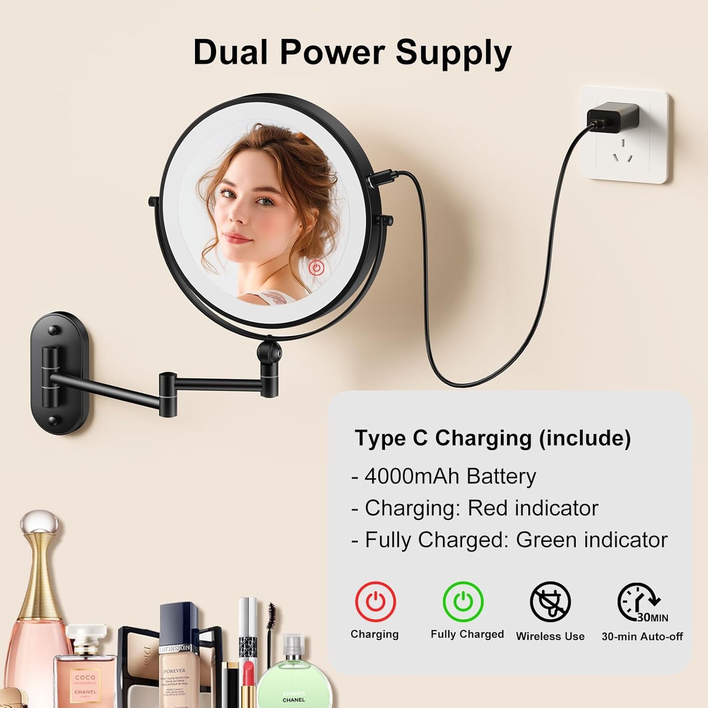 Lighted Makeup Mirror - 9" Wall Mounted 1X/10X Magnifying Mirror with 3 Color Lights | Rechargeable, Touch Dimmable, 360° Rotation