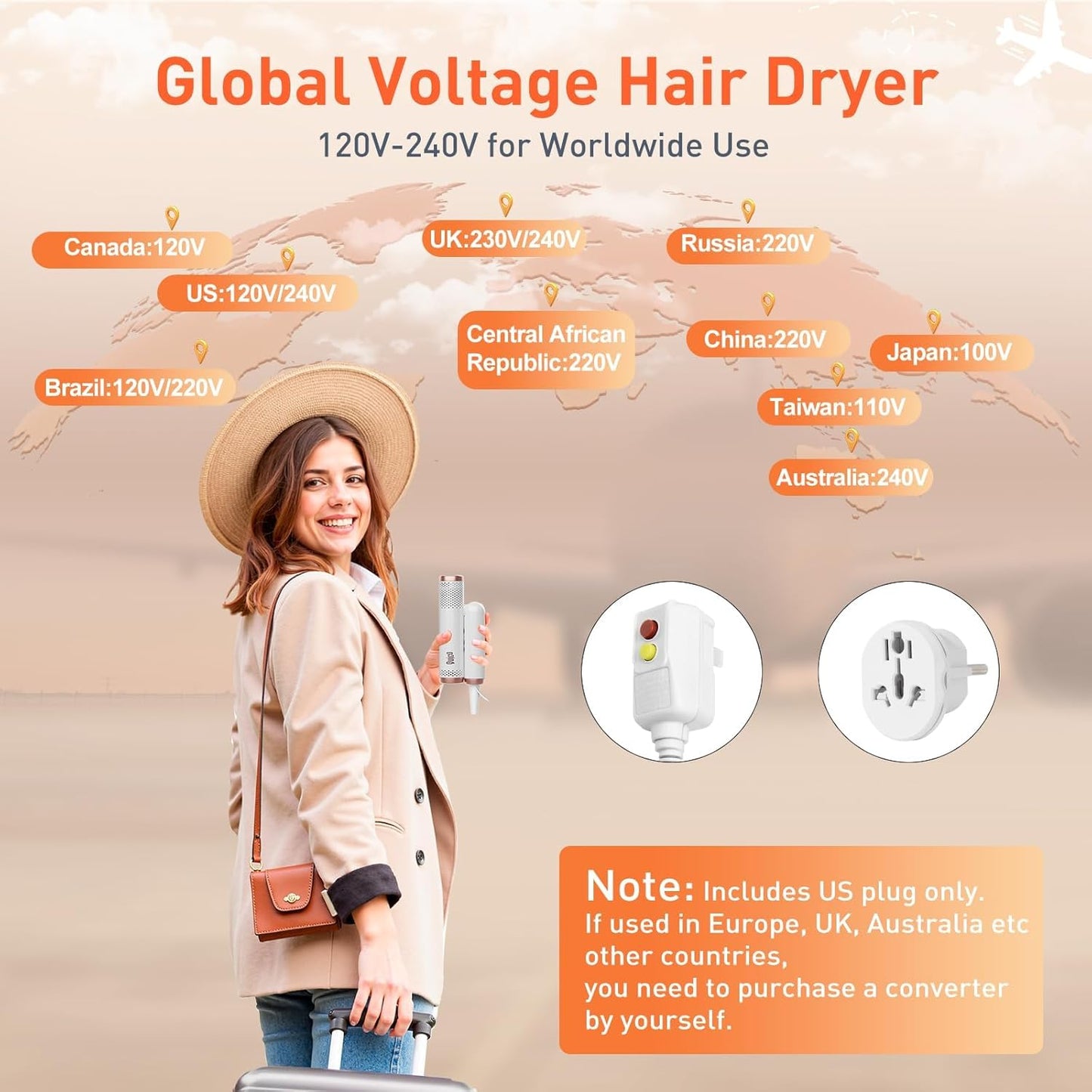 Quico Travel Hair Dryer - Dual Voltage, Fast Drying with 120000 RPM Brushless Motor | Foldable, Ionic, 3 Heat & Speed Settings