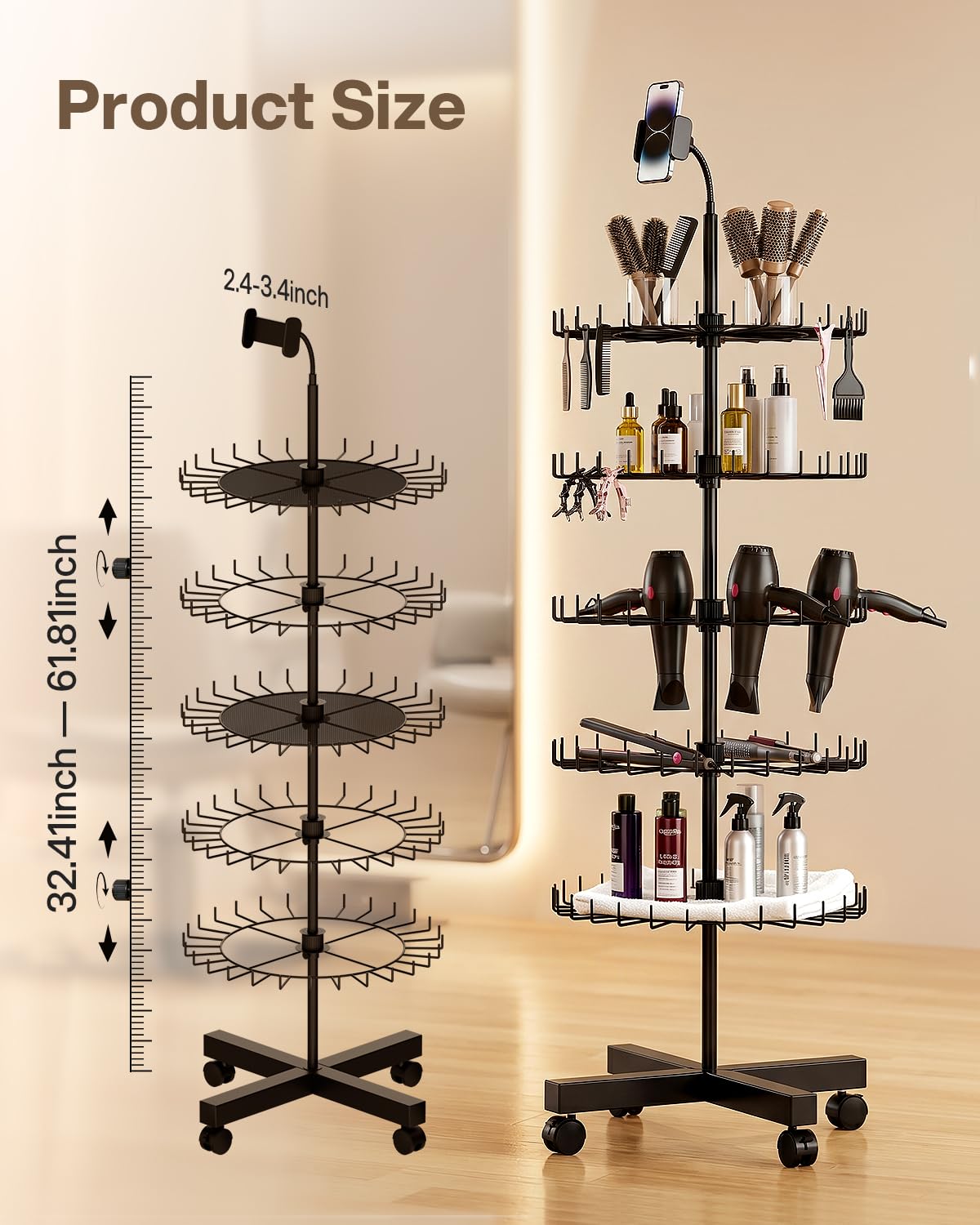 FOOGWEE Braiding Hair Rack Divider Stand with 140 Pegs,Adjustable Rotation Wheels & Phone Holder - Accessories (Combs, Clips) for Braiders,Salon or Home Use (Black)