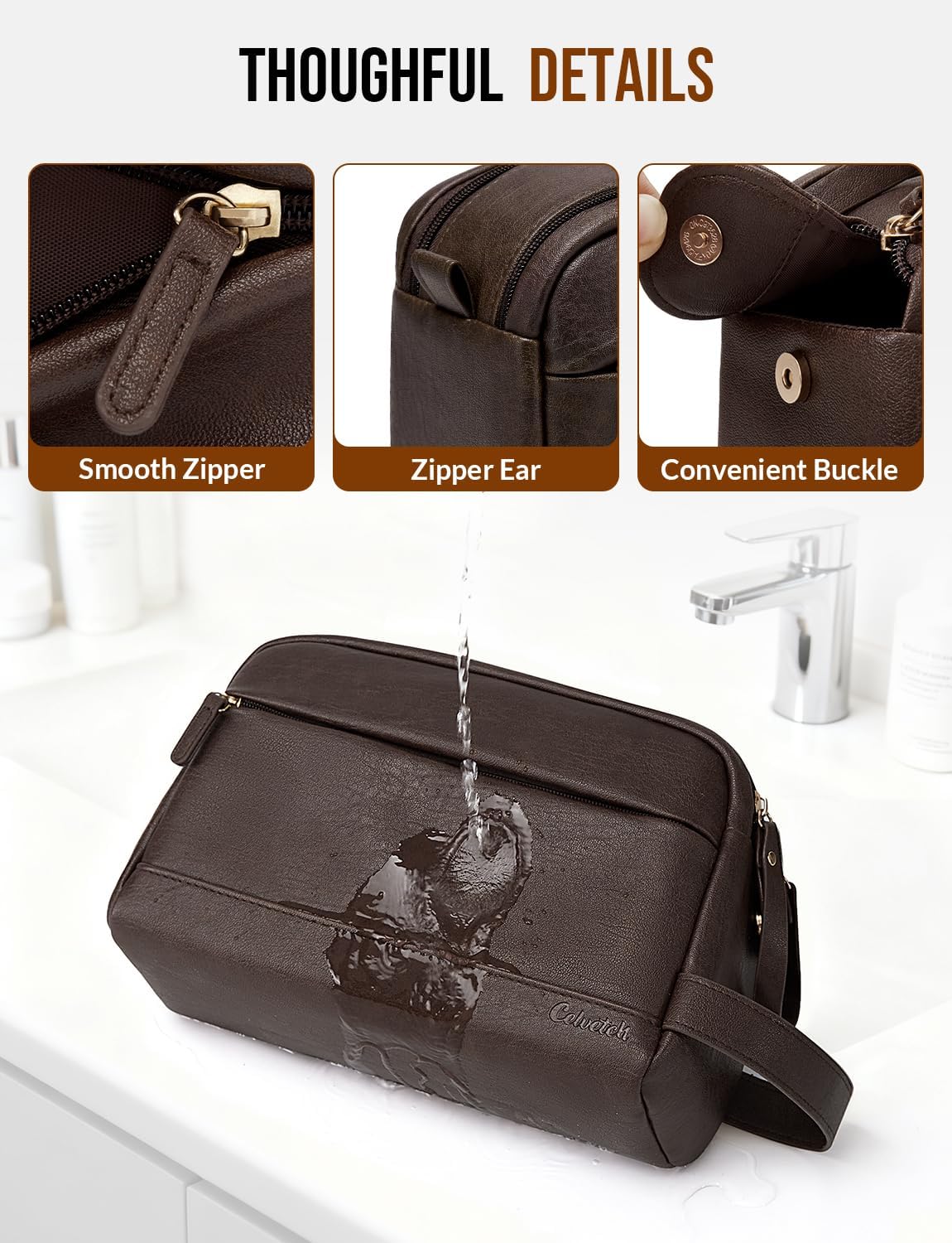 Toiletry Bag for Men - Water Resistant PU Leather Travel Organizer | Dark Brown