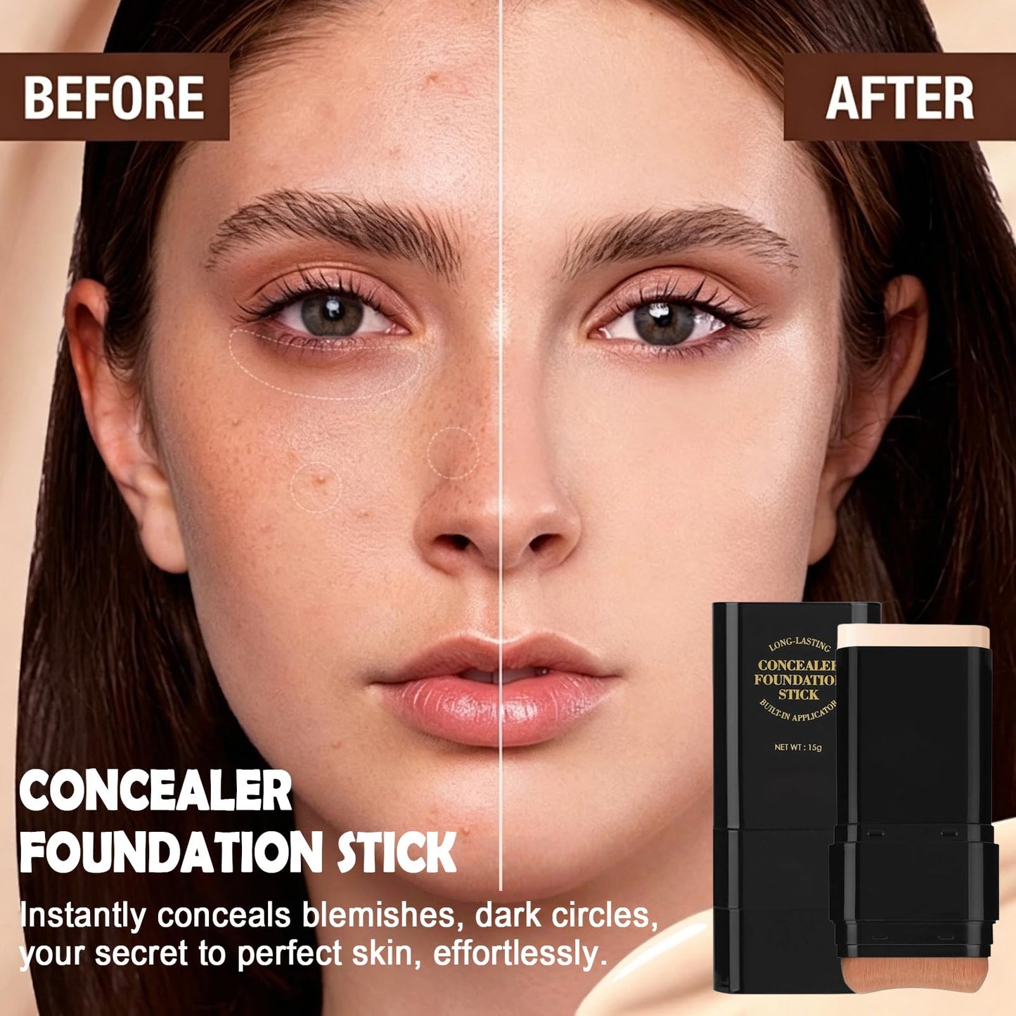 Foundation Stick, 2 in 1 Dual-Ended Long-Lasting Concealer Korean Foundation Contour Stick, Waterproof Contouring foundation with Brush, Full Coverage Matte Finish for Face Makeup(01#IVORY)