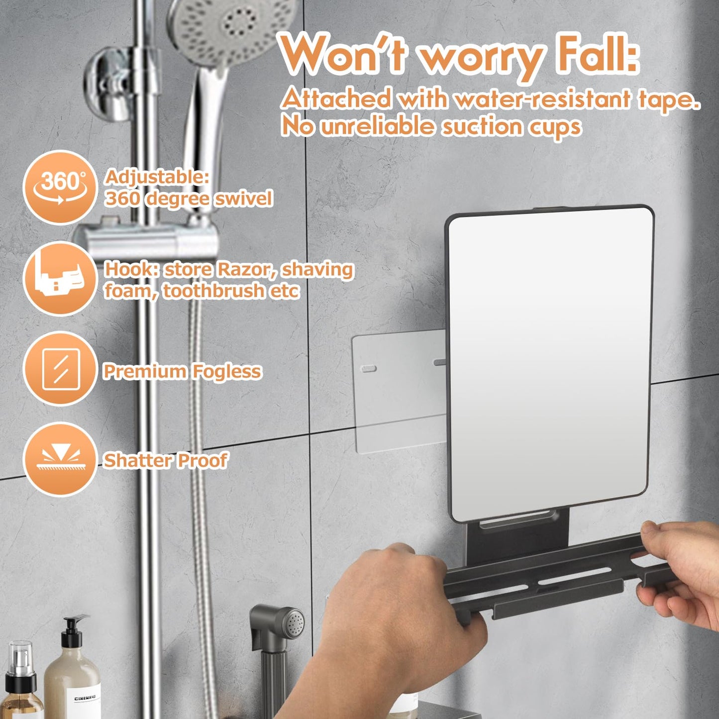deweisn Fogless Shower Mirror, 360° Rotation Adjustable Shaving Mirror,Bathroom Shower Mirror with Multifunctional Storage Tray and Razor Holders