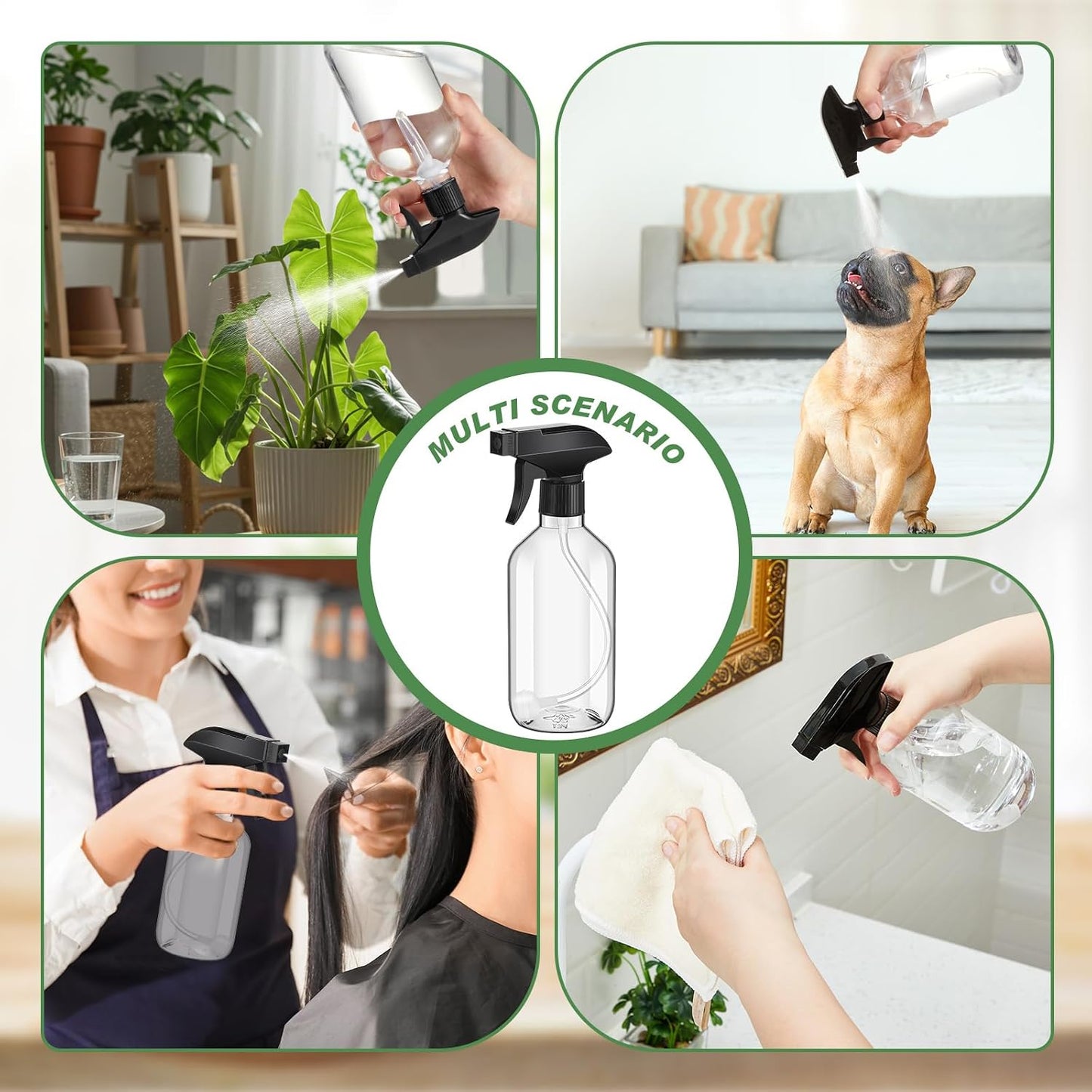 360° Water Spray Bottle - 16 oz Fine Mist/Stream Nozzle | 6 Pack Refillable Plastic Containers for Plants & Cleaning
