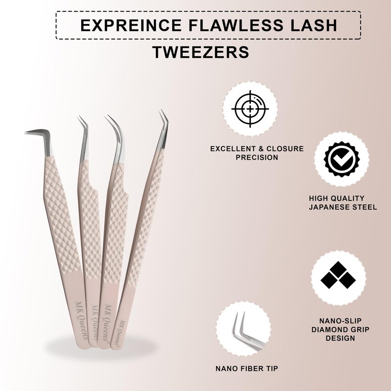 MK Queens Lash Tweezers - Stainless Steel Fiber Tip Eyelash Tweezers (Set of 4) - Diamond Grip Professional Lash Tweezers for Eyelash Extensions (Beige)