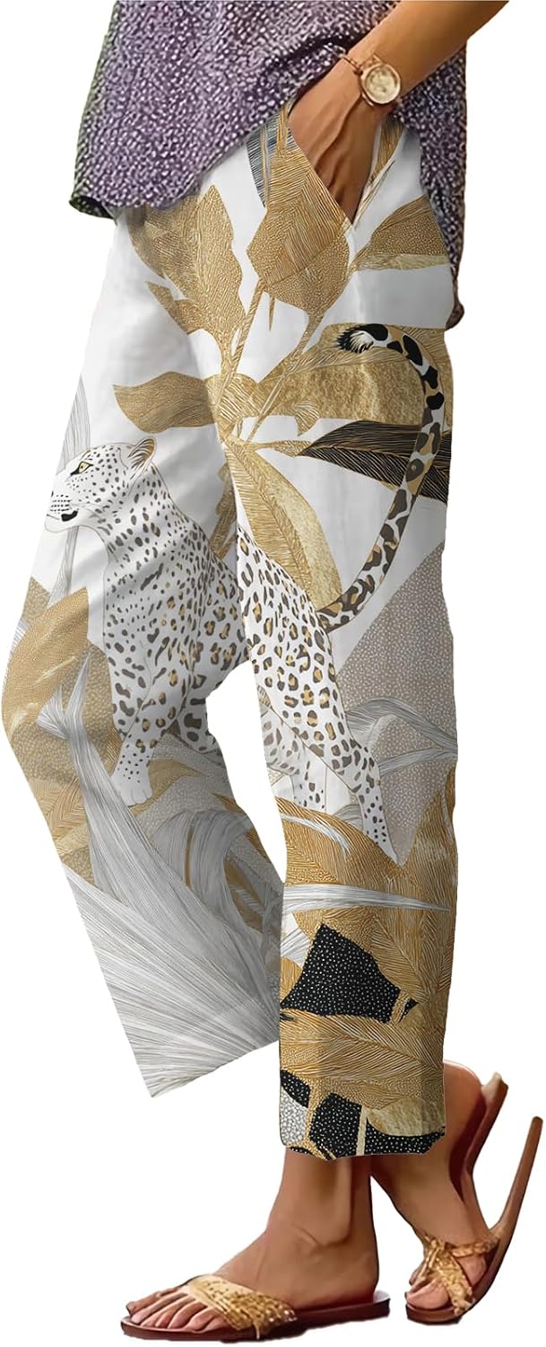 Womens Plus Size Floral Boho Capris - Elastic Waist Beach Trousers | Casual Summer Pants