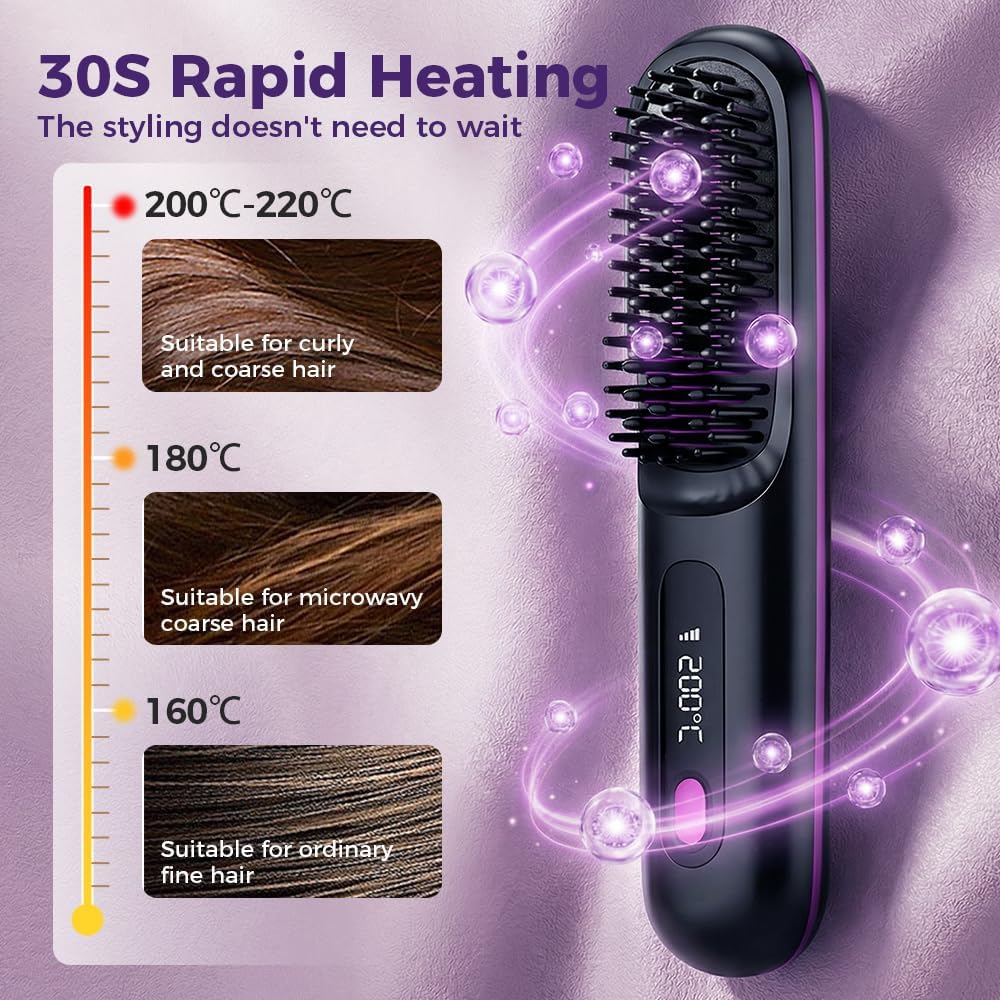 Go Brush Pro Cordless Straightening Brush - Fast Heating, 3 Temp Settings, Ionic & Ceramic Care | USB-C Rechargeable for Short Hair (Black)