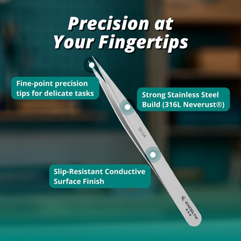 Excelta Precision Tweezers, Straight Medium Point, Professional Neverust Anti‑Magnetic Conductive Stainless Steel Tool with Slip‑Resistant Design for Medical Device Manufacturing, Jewelry, Electronics