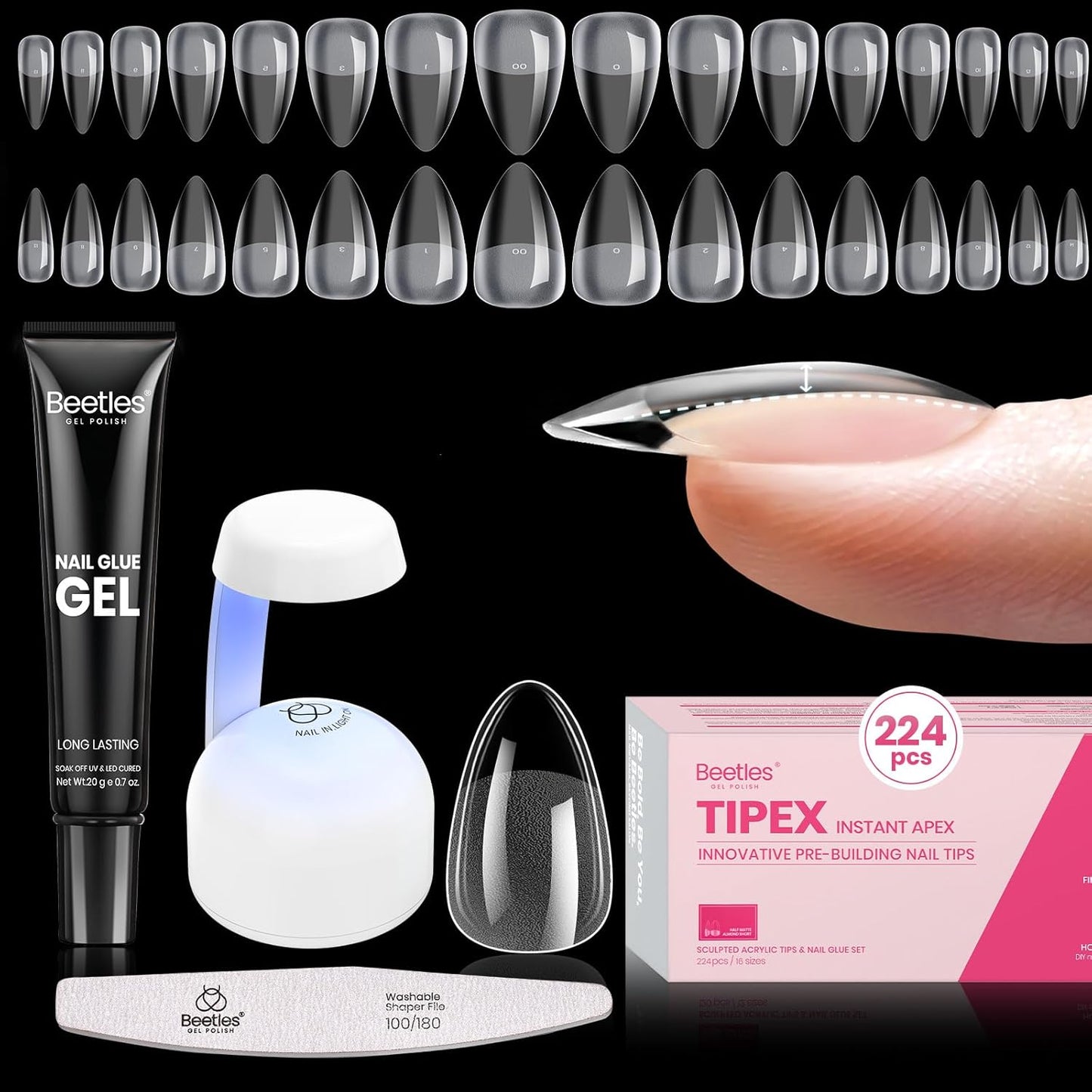 Beetles Tipex Gel Nail Kit - 224 Pcs Extra Short Square Nail Tips with Mini Lamp & Glue | 16 Sizes