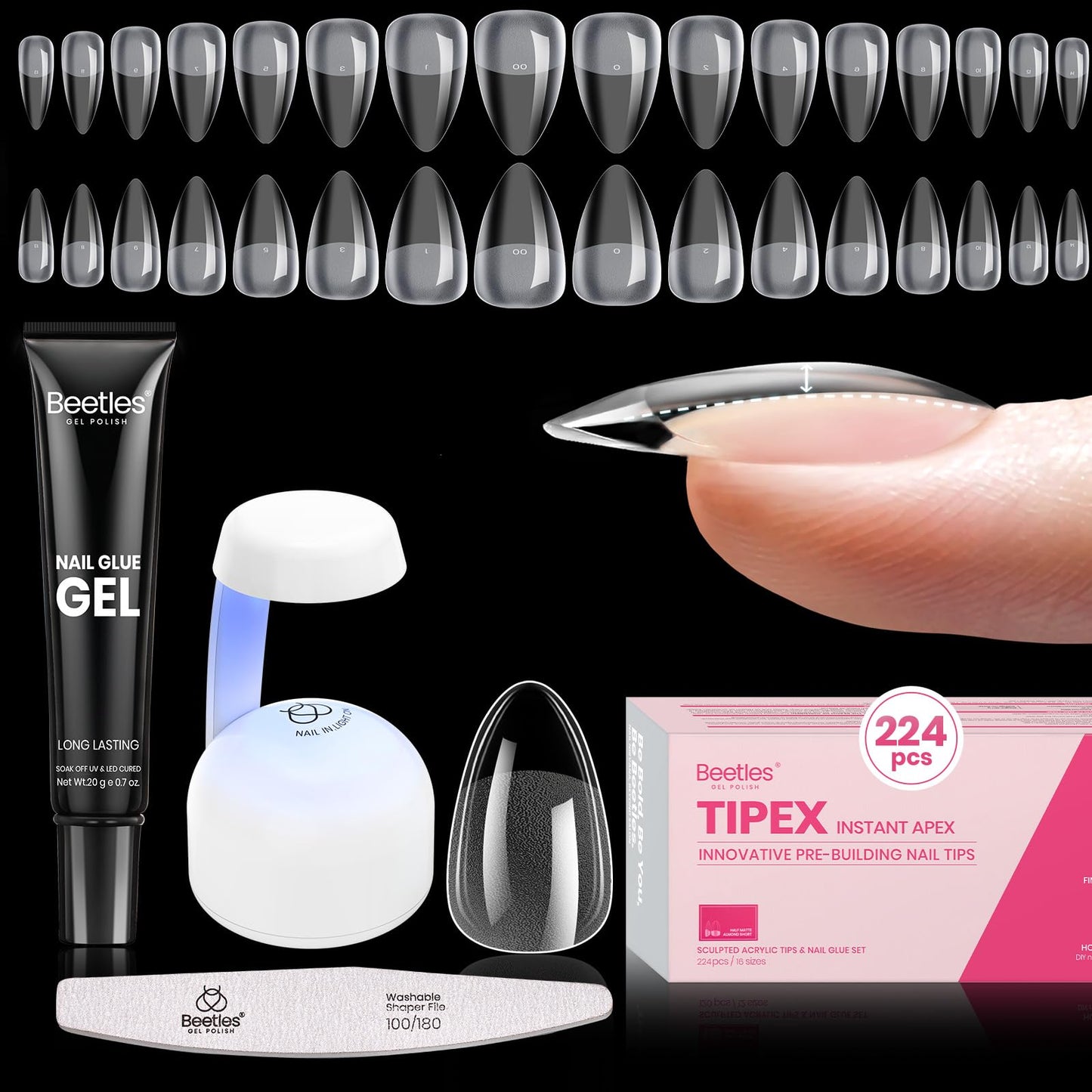 Beetles Tipex Instant Apex Nail Tips Kit, Short Almond, 224PCS 16 Sizes 00-14, No Builder Gel Needed, 20g Solid Nail Glue, Mini UV Lamp