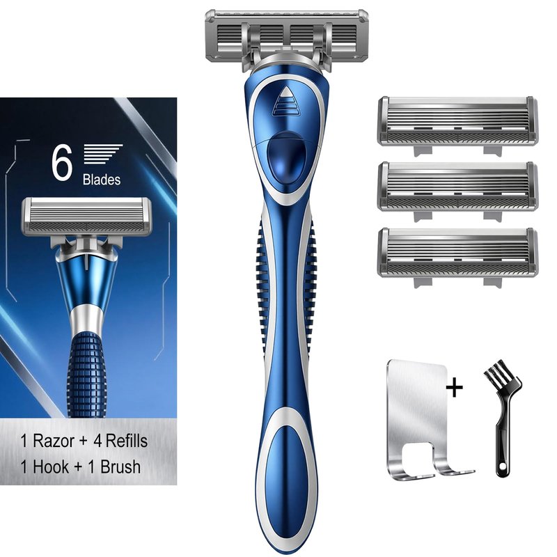 FYNEDGE 6-Blade Manual Razor for Men with Lubricating Strip, 1 Ergonomic Non-Slip Handle Includes 4pack Razor Blade Refill Cartridges, with Hanging Hook & Cleaning Brush, Full Washable Design