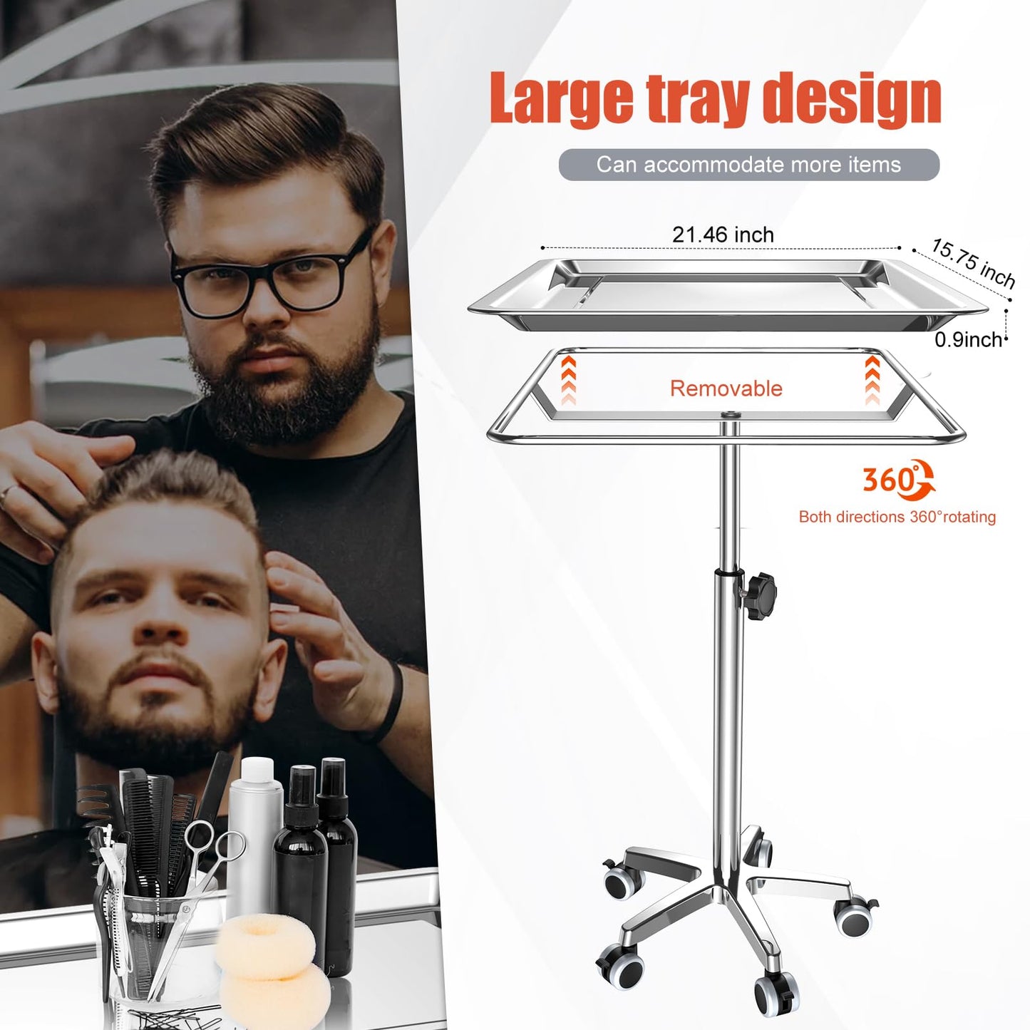 ChoJiah Extra Large Mayo Stand Rolling Salon Tray on Wheels Hairstylist Tray Heavy Duty Tattoo Tray, Ideal Use for for Hair Salon Dental Hairstylist Cart