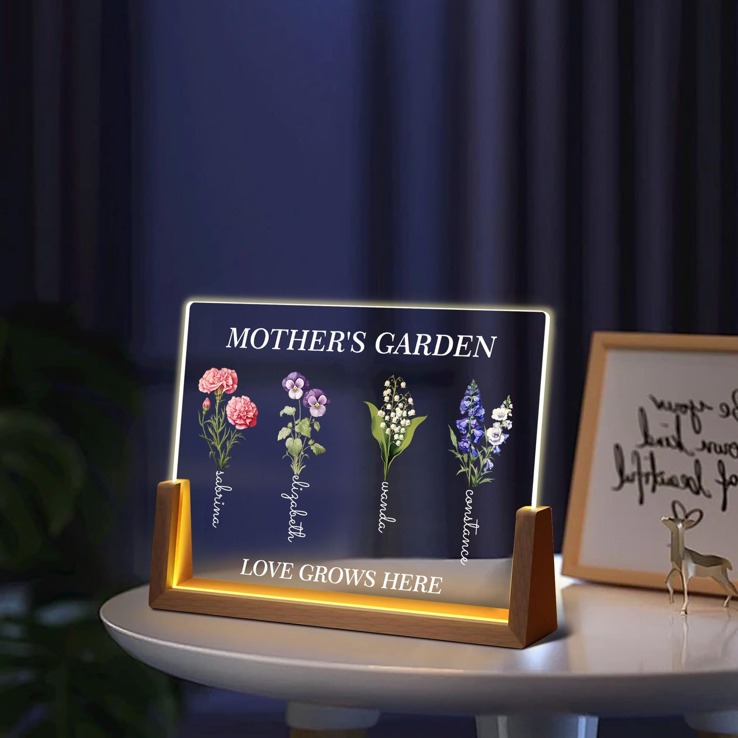 Bohva Personalized Mothers Day Birthday Gifts For Mom Grandma Wife, Custom Mom Gifts From Daughter Son, Customized Birth Flower Mothers Garden Plaque Light Up Picture Frame For Mama Grandma Gift
