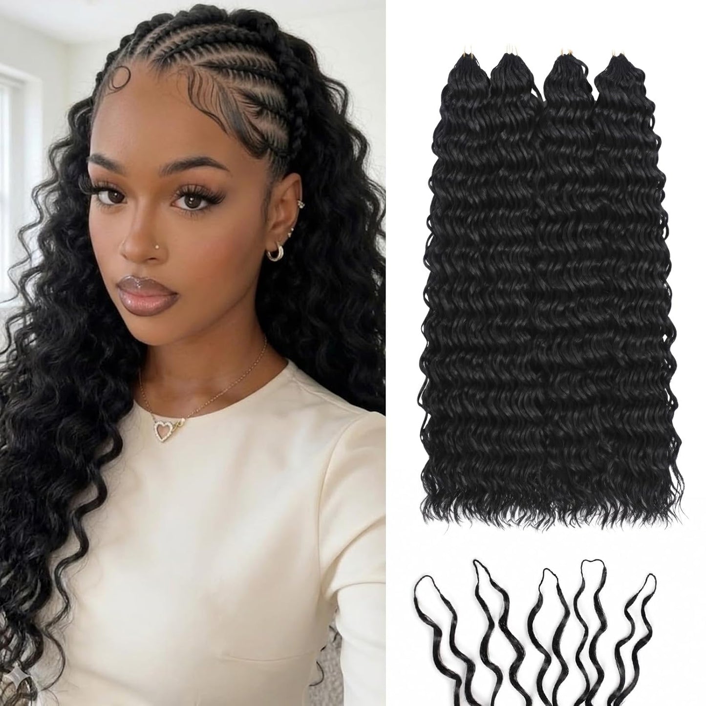 Miracle Knots | Deep Wave Feather Crochet Hair Extensions - 14" Hand-Tied Synthetic, 100 Strands, Glue-Free Natural Black