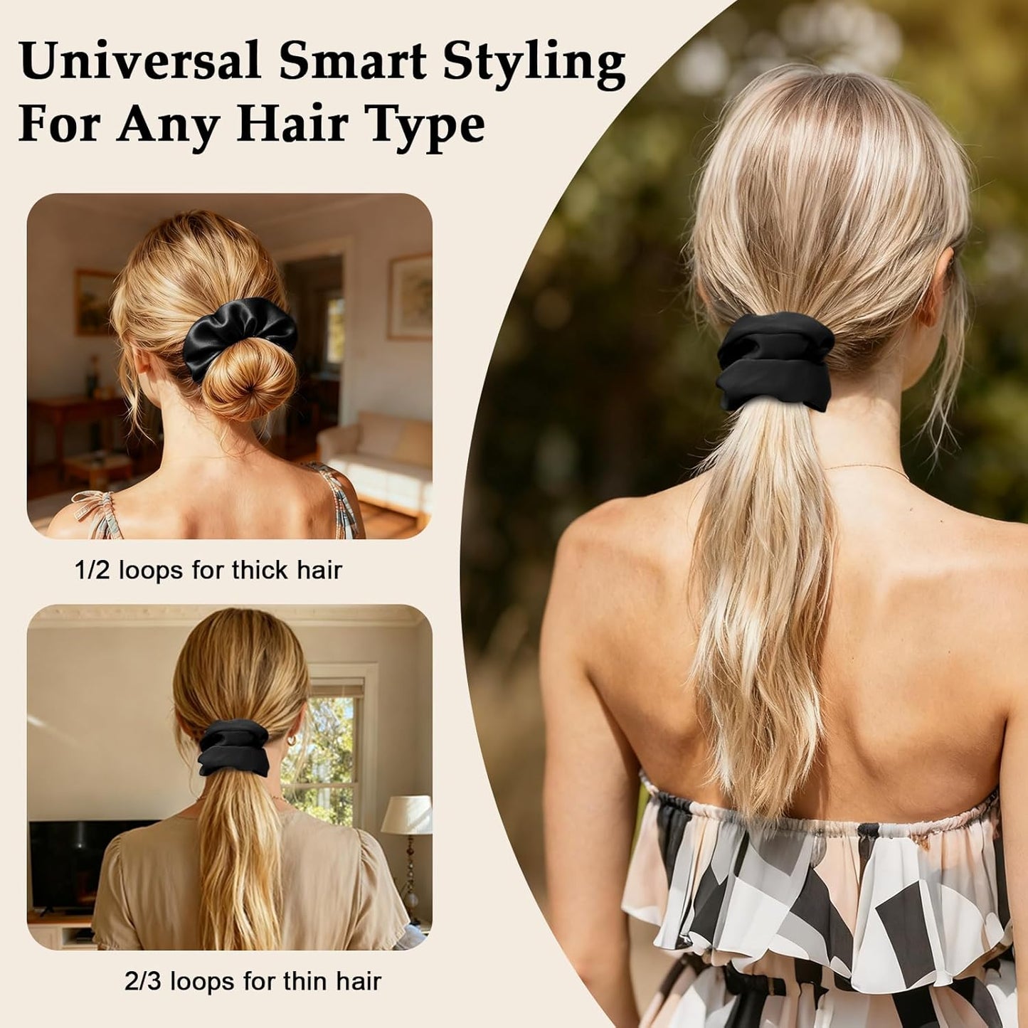 Satin Scrunchies for Women - 8PCS Black Silk Hair Ties | No-Crease, Frizz-Free Gentle Elastic Bands for All Hair Types