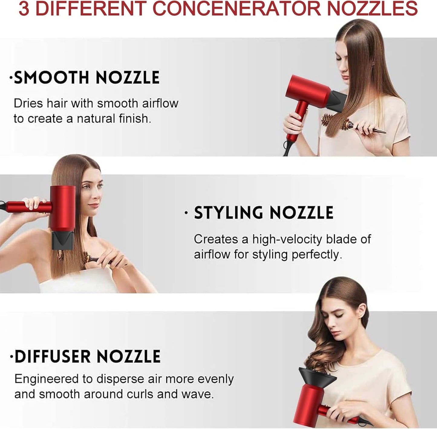 Ionic Hair Dryer - Powerful 1800W Fast Drying with Low Noise | 2 Concentrator Nozzles & 1 Diffuser - Agate Red