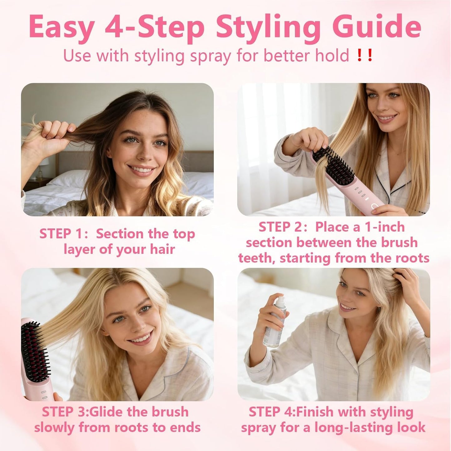Go Brush Pro Cordless Hair Straightening Brush - 2026 Upgrade with 4 Heat Settings, MCH Ceramic Care | Pink
