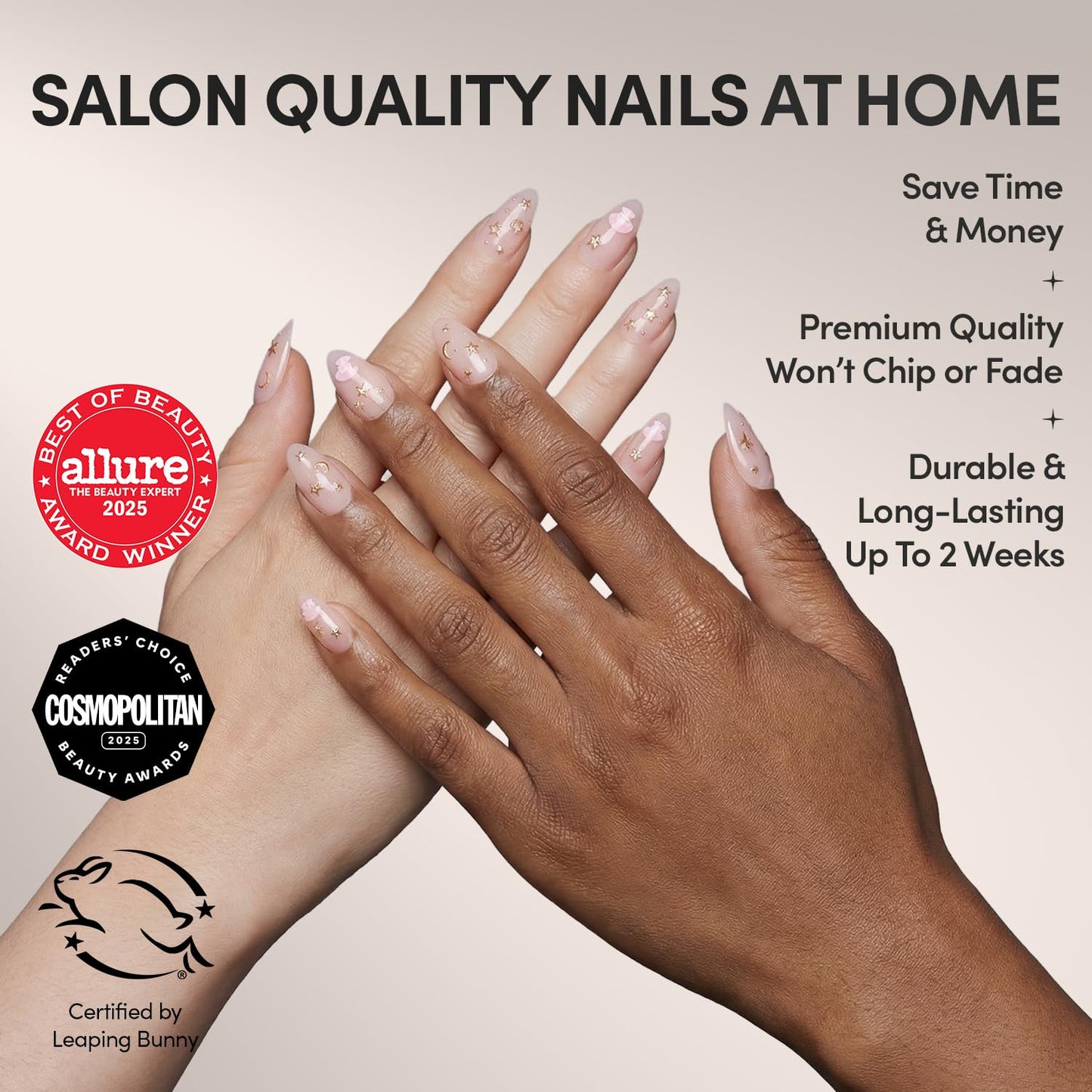 Glamnetic Press On Nails - My Melody™ Short Almond Gold Foil 3D Graphic | 30 Nail Kit with Glue - 15 Sizes Available