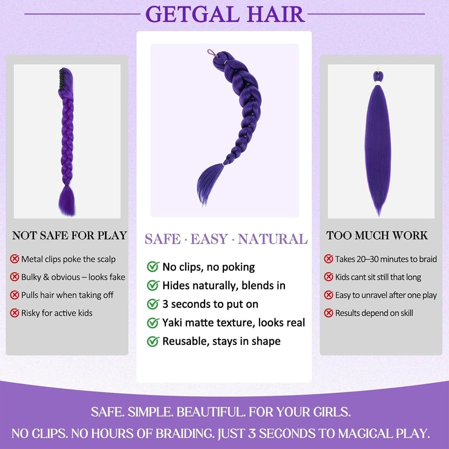 24-Inch Purple Braids Ponytail Hair Extensions - Synthetic Pre-Braided Hair for Halloween Cosplay