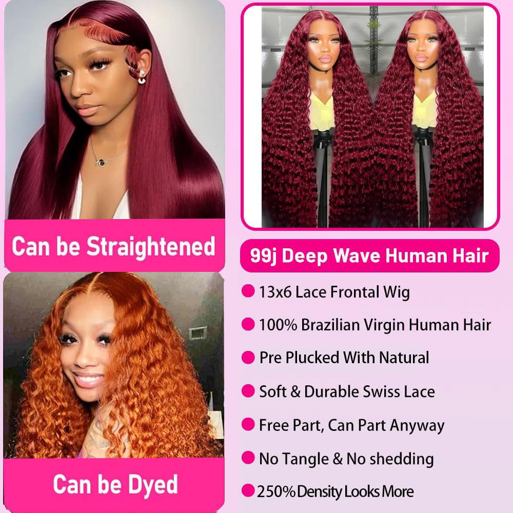 Burgundy 250 Density Human Hair Wig - 30 Inch 13x6 Deep Wave Lace Front | Pre-Plucked HD Transparent Lace Frontal for Women