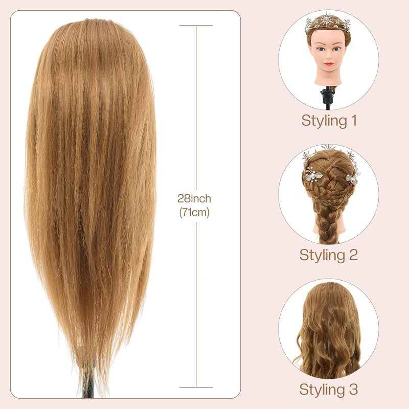 Real Hair Mannequin Head - 28 Inch Cosmetology Styling Tool for Braiding, Curling & Cutting | Blonde