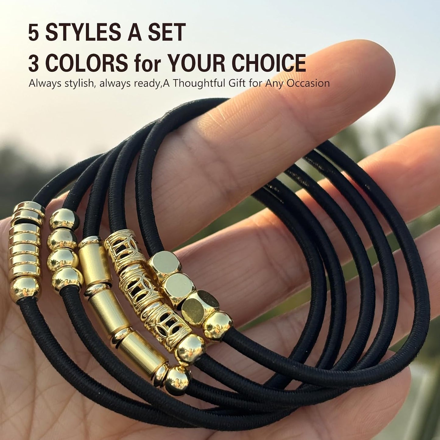 Black Hair Ties for Women - 5 Pack Elastic Ponytail Holders | 3mm Thick, No Damage, Beaded with Gold Charms
