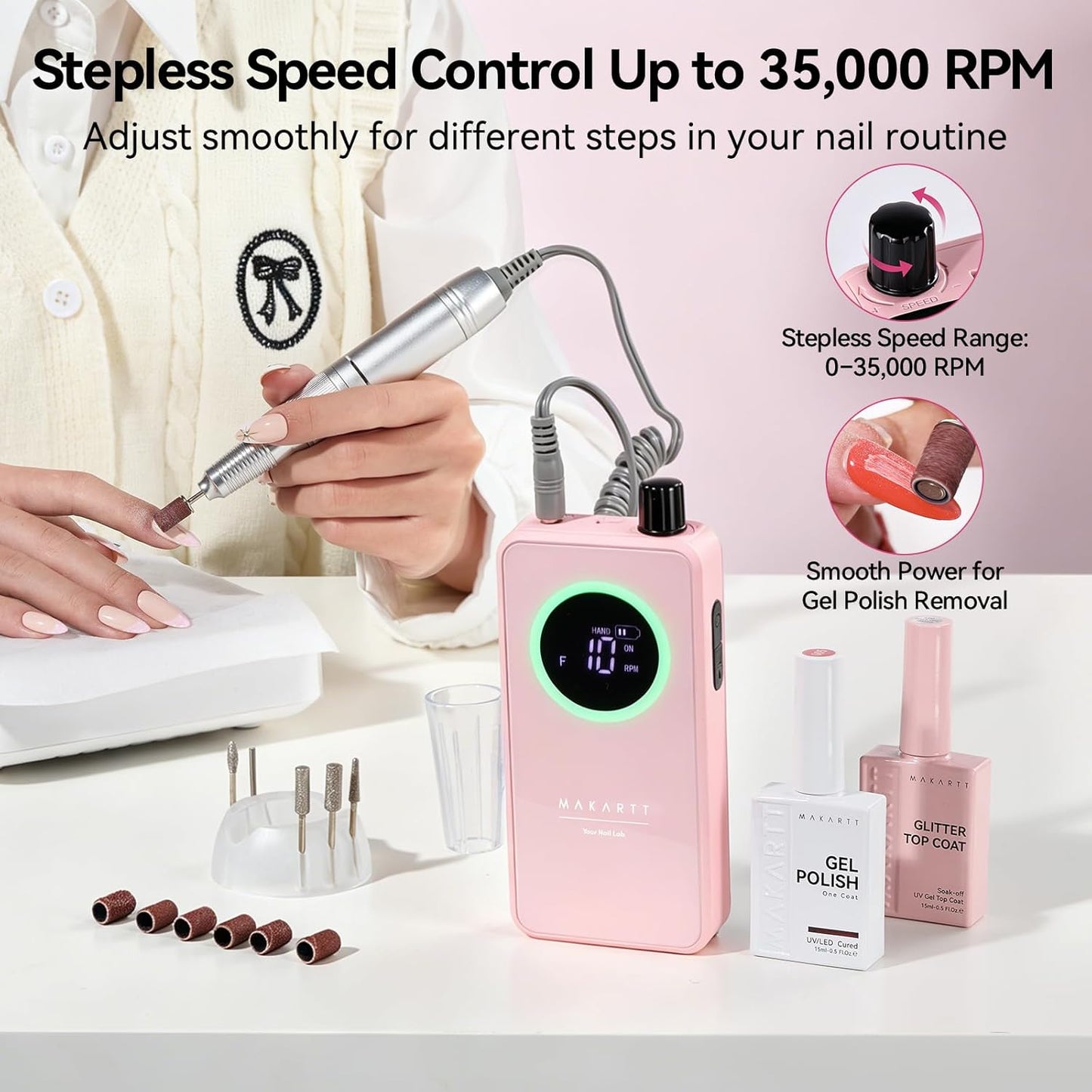Cordless Nail Drill - Easy & Safe Electric Nail File for Beginners | Low Vibration, LCD Control, Gel Removal & Nail Care