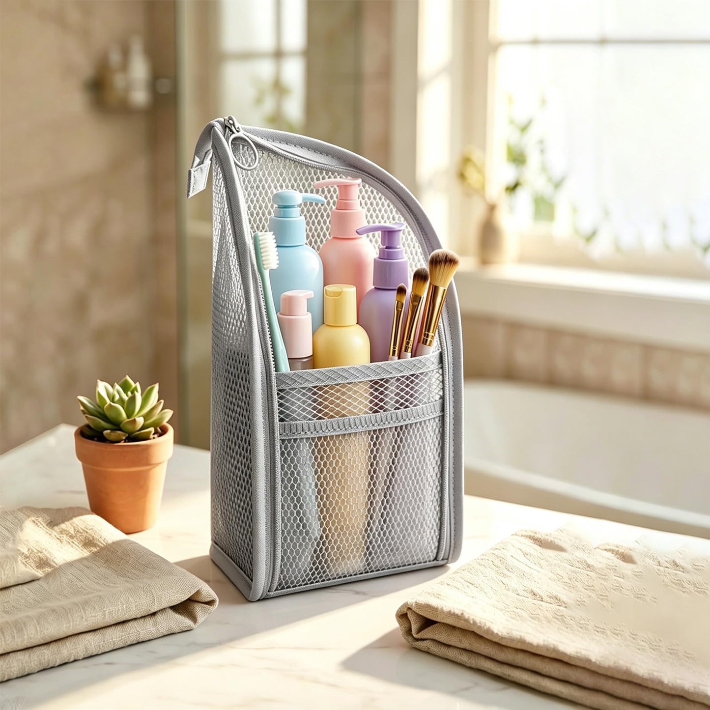 Pjsrsdaee Standing Toiletry Bag, Lightweight Portable Travel Toiletry Bag, EVA Foldable Thickened Clear Hanging Makeup Bag, Breathable Cosmetic Organizer for Travel & Bathroom (Gray)