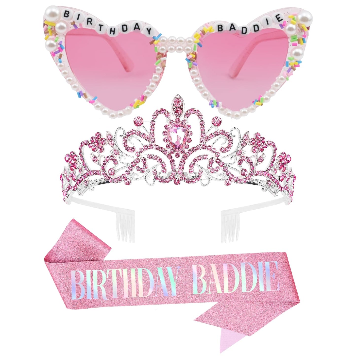 PcwBcn Birthday Baddie Glasses, Pink Birthday Queen Sash Tiara Crown for Women Girls, 3 Pcs Elegant Princess Headband Hair Accessories Happy Birth Party Decorations 21st-90th Mom Birth Gifts