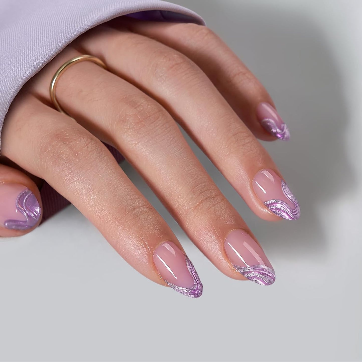 French Tip Press On Nails - Chrome Short Almond Design | Semi-Transparent Soft Gel, 16 Sizes, 32 Piece Kit