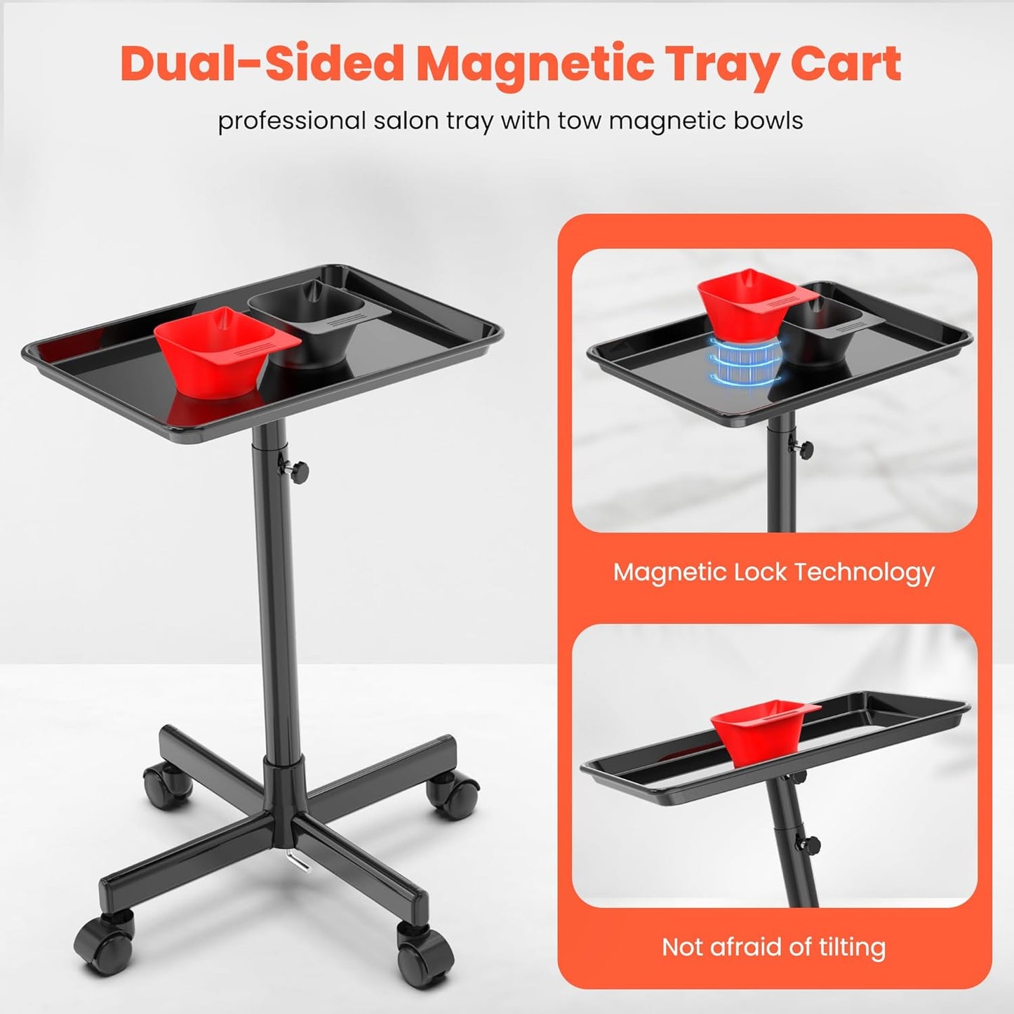 Adjustable Height Rolling Salon Tray - Mobile Storage Trolley with 2 Magnetic Bowls & 10 Disposable Covers | 24-36 Inch, Black