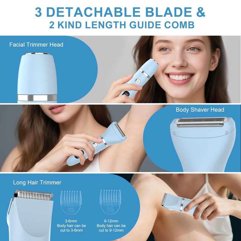 Zivelier 3-in-1 Electric Razor IPX7 Waterproof Bikini Trimmer Wet & Dry Use Painless Personal Trimmer Groomer for Ladies Face Body Legs Bikini Public Hairs Electric Lady Shaver with Replaceable Heads