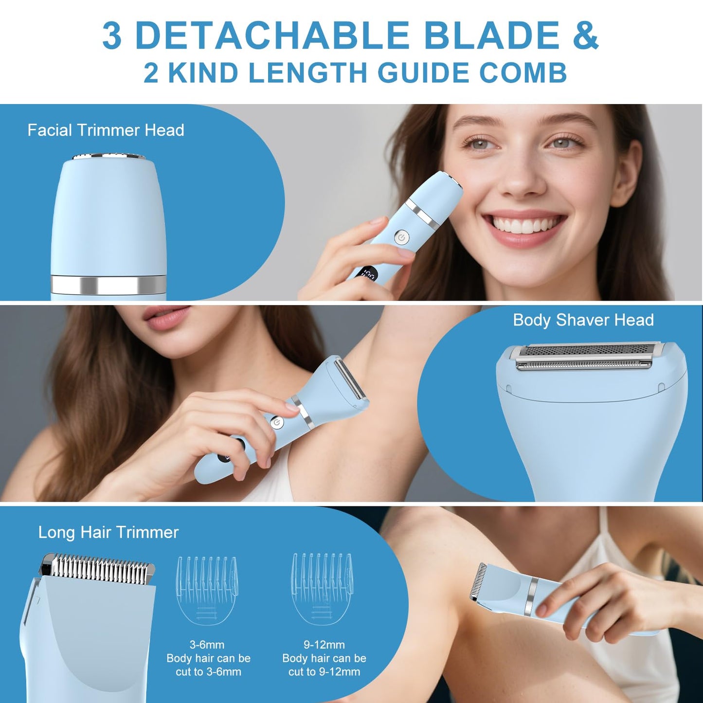 Zivelier 3-in-1 Electric Razor IPX7 Waterproof Bikini Trimmer Wet & Dry Use Painless Personal Trimmer Groomer for Ladies Face Body Legs Bikini Public Hairs Electric Lady Shaver with Replaceable Heads