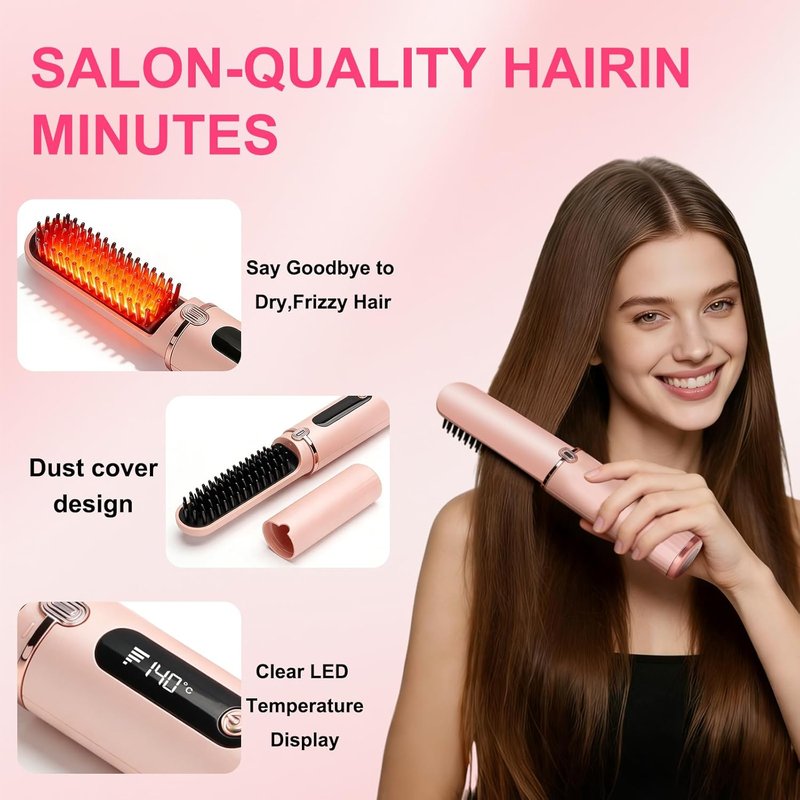 Cordless Hair Straightener Brush - Fast Heating Ionic Comb | Rechargeable Anti-Scald LED Display, Portable Travel Tool