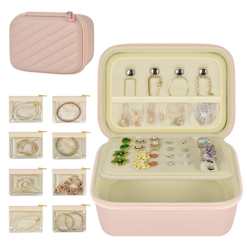 GWCASE Travel Jewelry Case for Women, PU Pink Jewelry Box with 8 Velvet Zipper Jewelry Pouches. 2-Tier Organizer for Rings, Earrings, Necklaces & Bracelet – Stylish Gift for Her（Case Only）