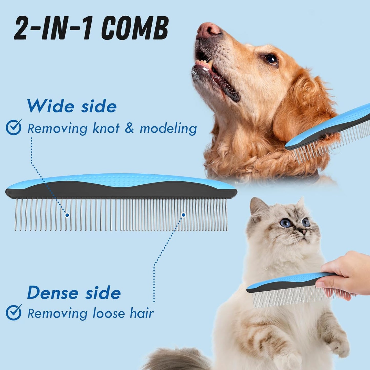 Pet Grooming Combo - Blue Deshedding Brush & Metal Comb for Detangling Long Matted Fur | Ideal for Cats & Dogs