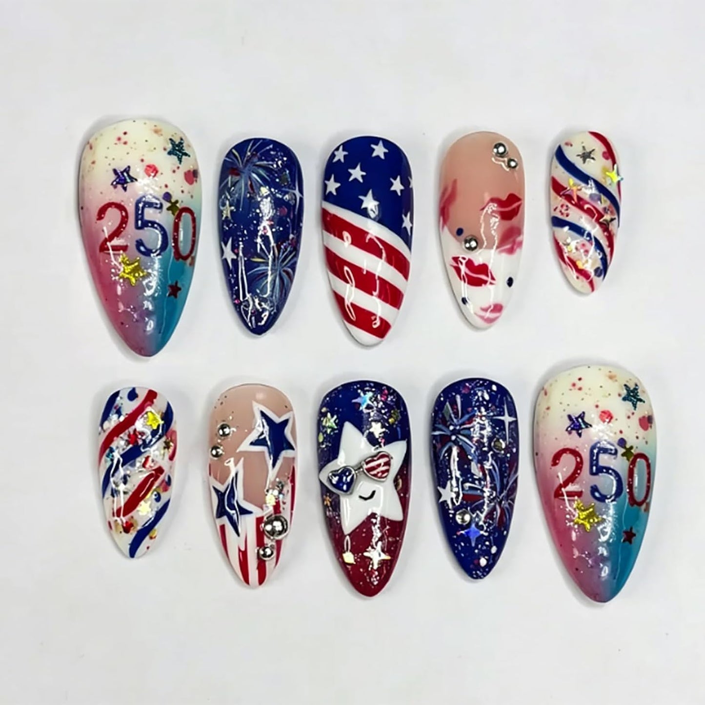 Almond Press-On Nails - White French Tip with 3D Gold Bow | Reusable Acrylic Full Cover, 24 Pcs