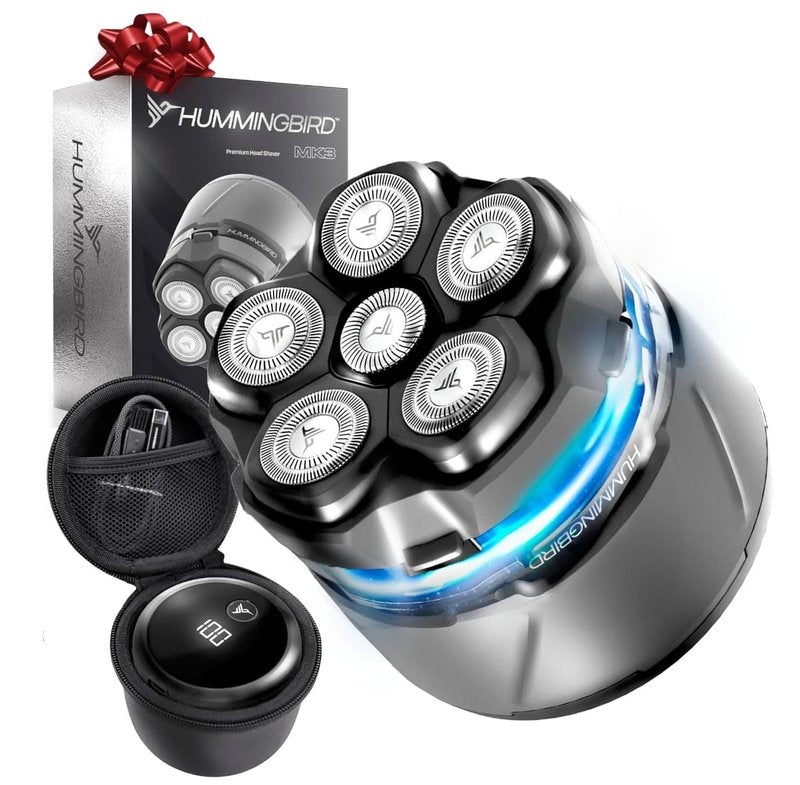 HUMMINGBIRD MK3 Stealth Edition Electric Head Shaver - No Nick Electric Razor for Men, Cordless USB C Rechargeable, Waterproof Wet/Dry Shave, 6 Blade Head, LED Display, Rotary Skull Shaver with Case