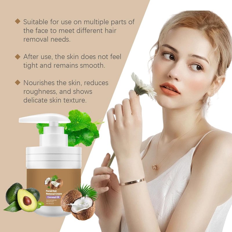 Coconut Oil Facial Hair Removal Cream for Women, Plant Extract Coconut Oil Hair Removal Cream, Painless Hair Removal, Suitable for Sensitive Skin