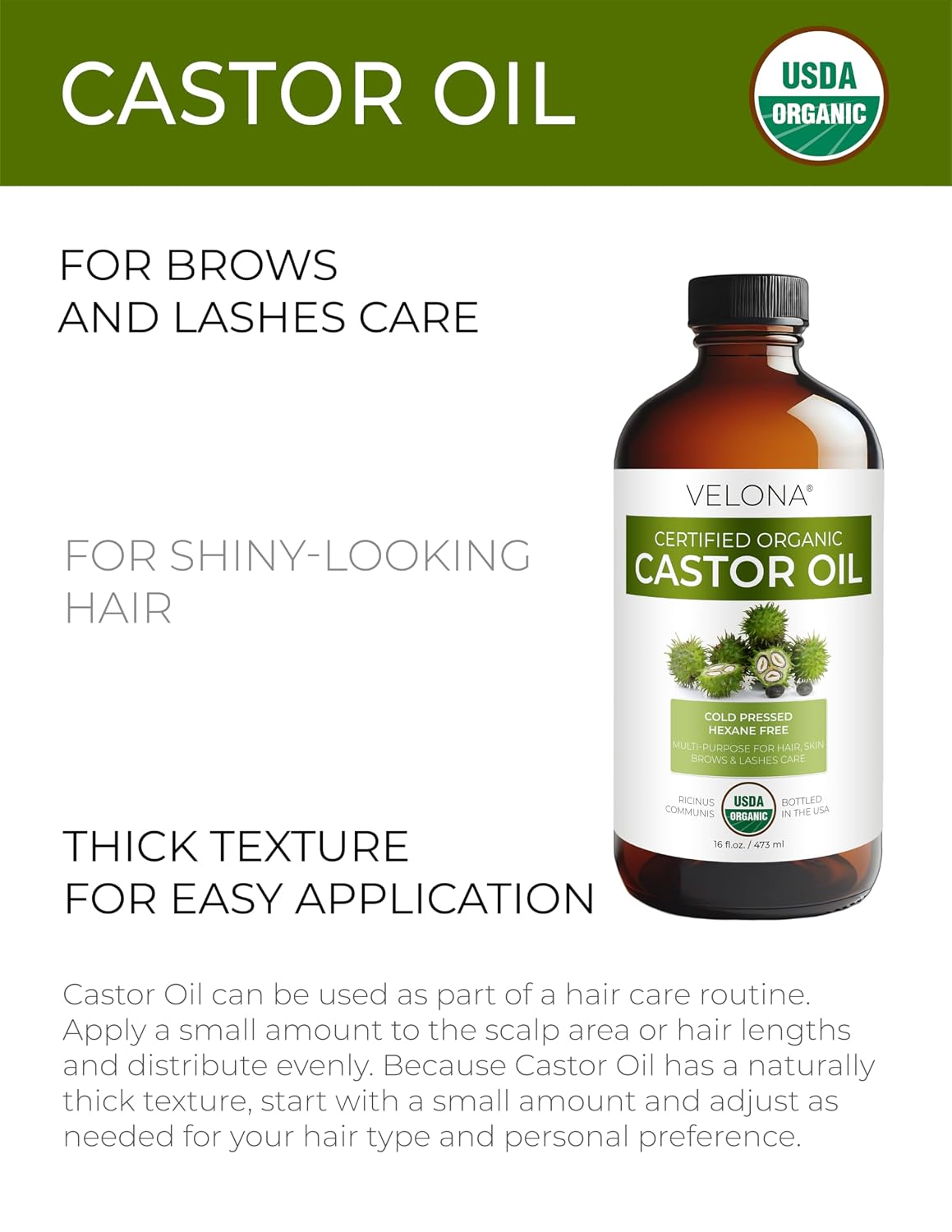 Organic Castor Oil - USDA Certified, Cold-Pressed, Hexane-Free | 16 fl oz Glass Bottle for Eyelash & Eyebrow Growth