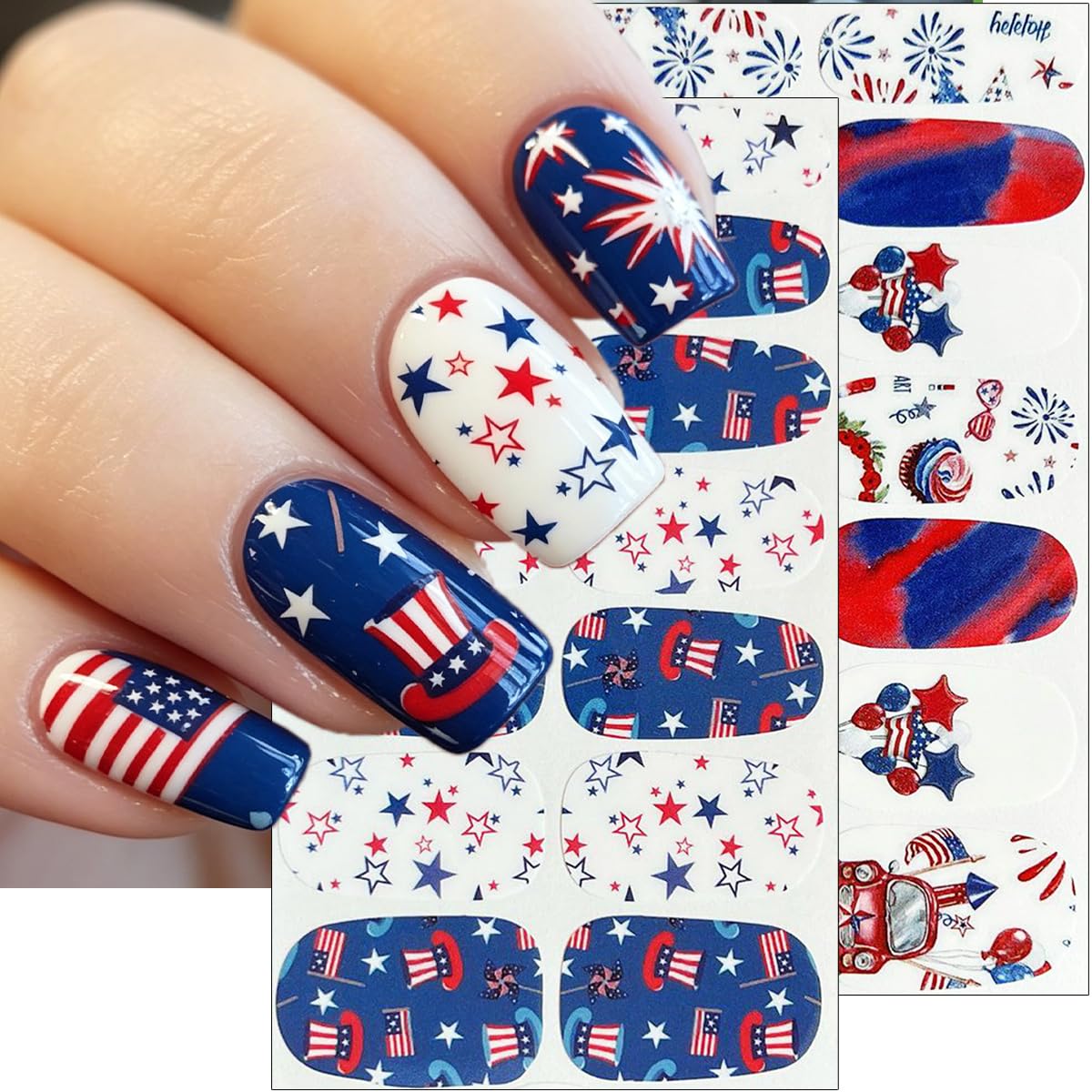 4th of July Gel Nail Stickers Star American Flag Design Independence Day Gel Nail Polish Strips Firework Balloon Patriotic Full Nail Wrap Decals Holiday Nail Strips Stickers for Women Manicure 4Sheets
