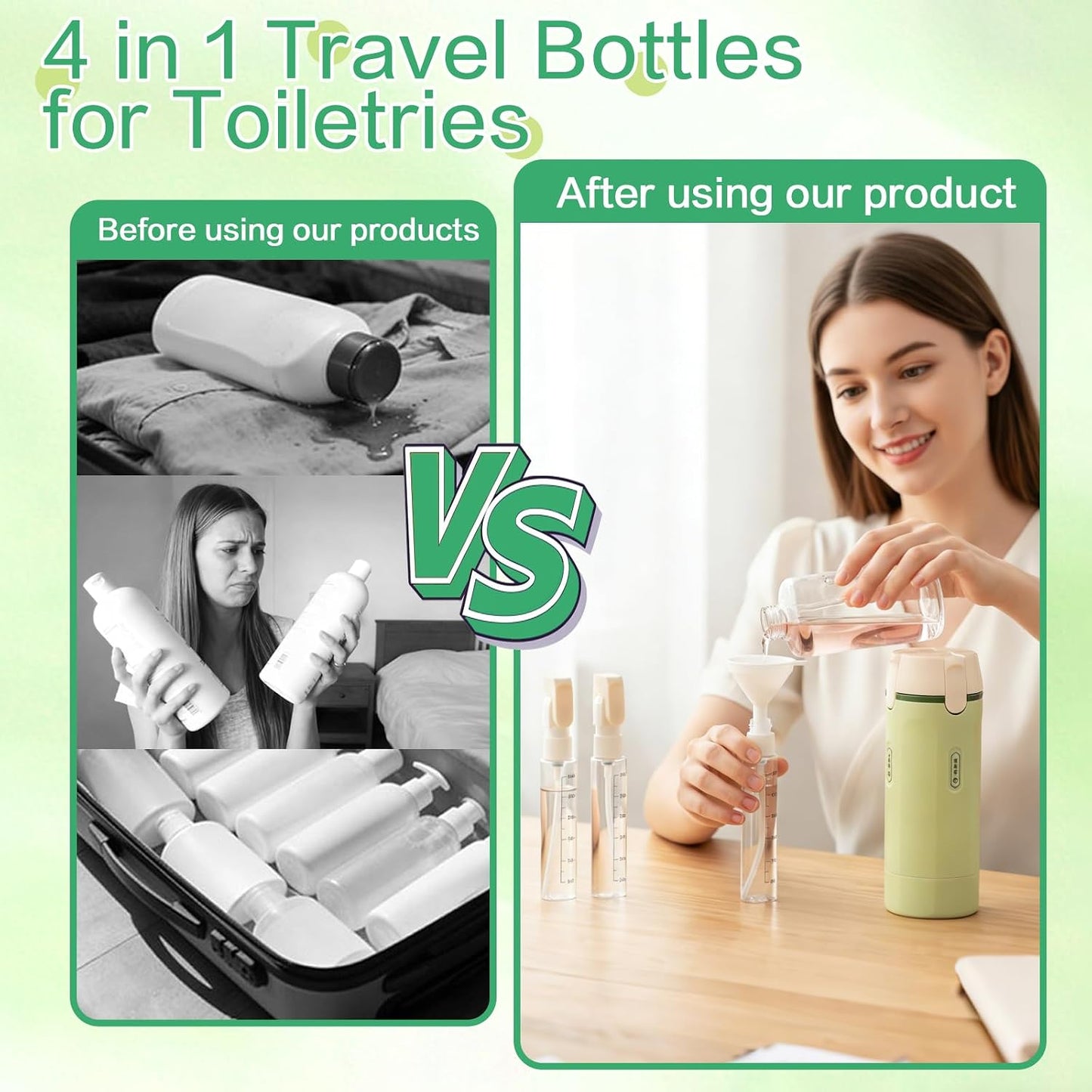 Travel Dispenser Bottle - 4-in-1 Leak Proof Toiletries Container | Portable Green Refillable for Shampoo, Lotion, Body Wash