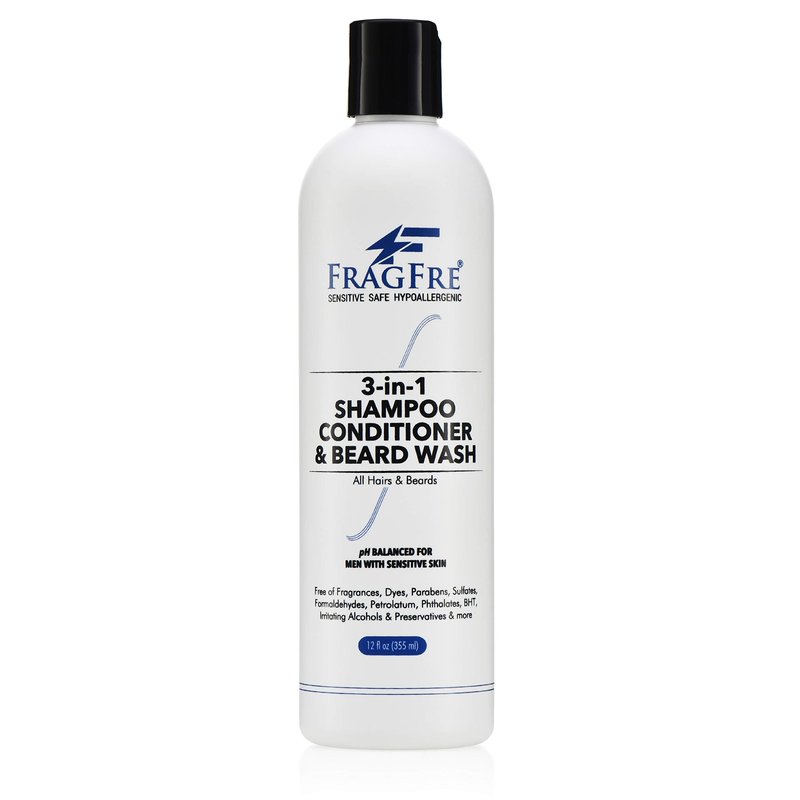 FRAGFRE Shampoo Conditioner and Beard Wash for Men, 12 oz - Unscented, Sensitive Skin, 3 in 1 Hair and Beard Cleansing and Conditioning, Grooming Product