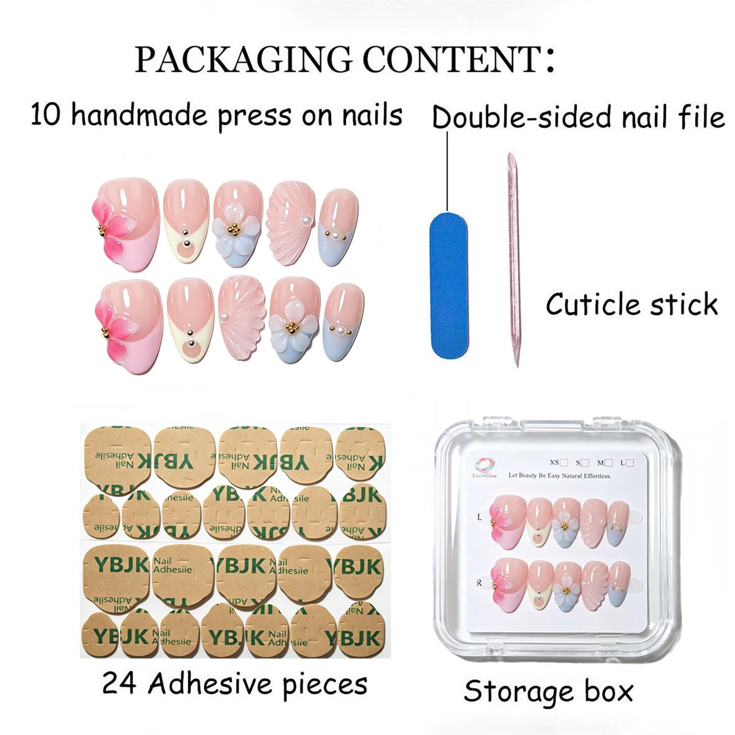 Handmade Short Almond Press On Nails - Easy Apply & Remove | Reusable Nude French Nails with Blue 3D Floral Accents (10 Pcs)