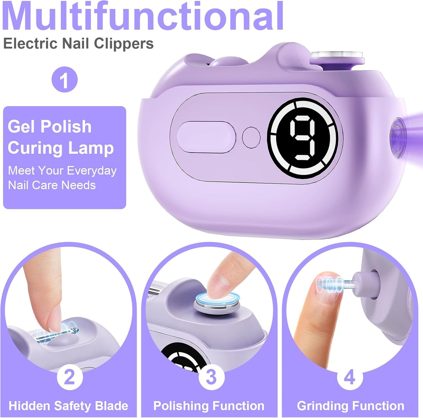 Electric Nail Clipper for Seniors - 4 in 1 Automatic Trimmer with Night Light & 9 Speed Polisher | Ideal for Elderly Care