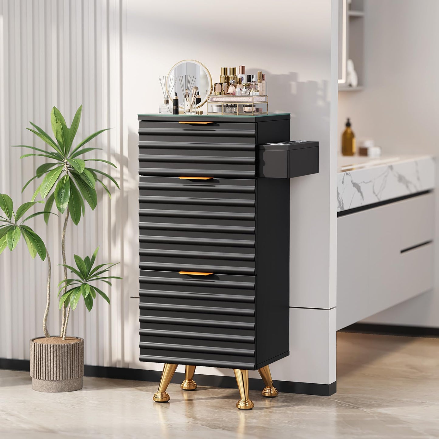 OmySalon Salon Stations for Hair Stylist, Barber Station with Glass Top & Drawers & Hot Tool Holder, Salon Storage Cabinet Hair Organizer Equipment for Beauty Spa, Black