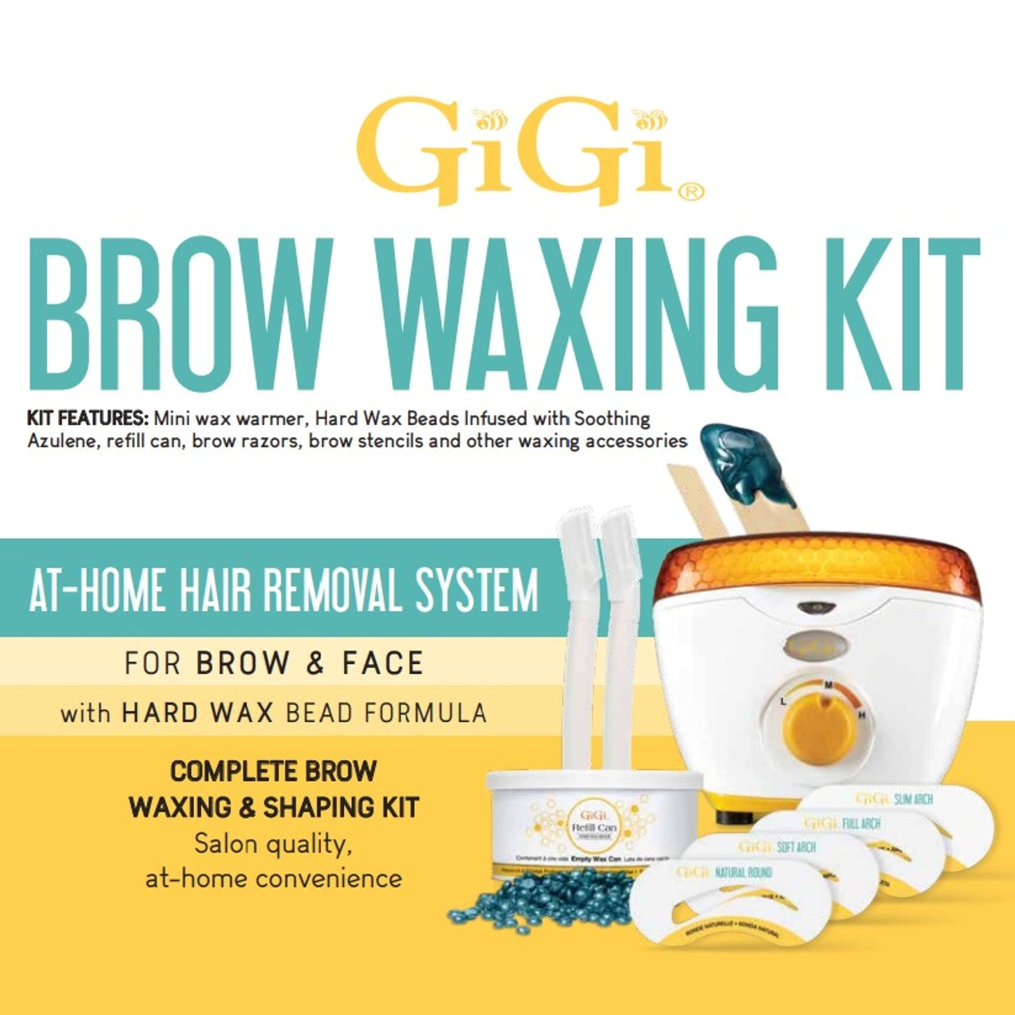 GiGi Brow Waxing Kit for Women - Complete At-Home Face Hair Removal System with Mini Wax Warmer Pot & Hard Beads Formula for Shaping Eyebrows