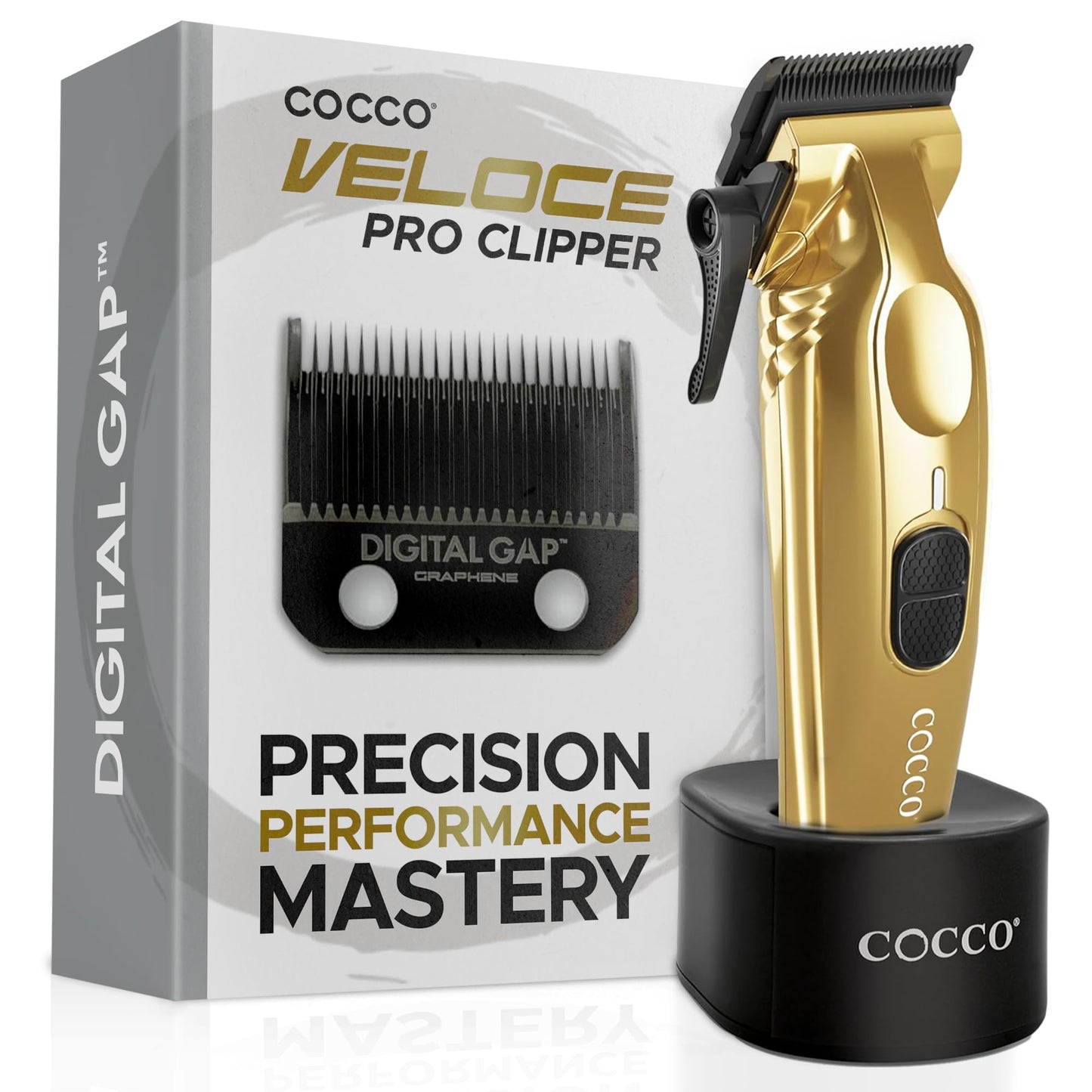 Cocco Veloce Pro Clipper, Digital Gap Ambassador Graphene Taper Blade Professional Hair Clippers, High-Torque BLDC Motor, All-Metal, Cordless, Charging Base Included, Gold
