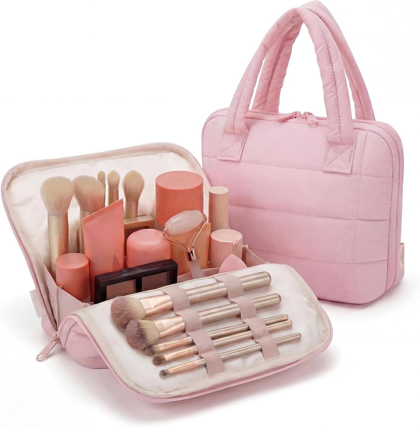 Travel Makeup Bag - Portable Fold-Down Cosmetic Organizer with Handle & Divider | Easy Clean EVA Lining