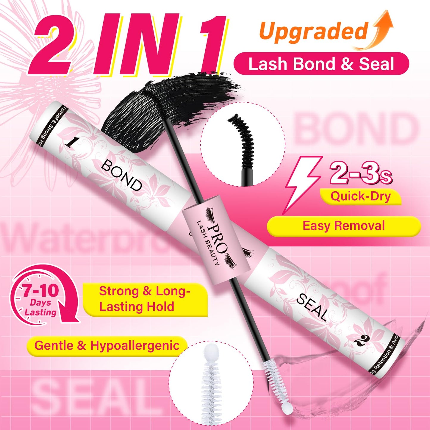 PROLASHBEAUTY Lash Cluster Glue Upgraded 2 in 1 Black Lash Bond and Seal Lash Glue for Eyelash Clusters Waterproof Strong Hold Eyelash Glue Long-Lasting 7-10 Days (10ml, Black Bond & Clear Seal)