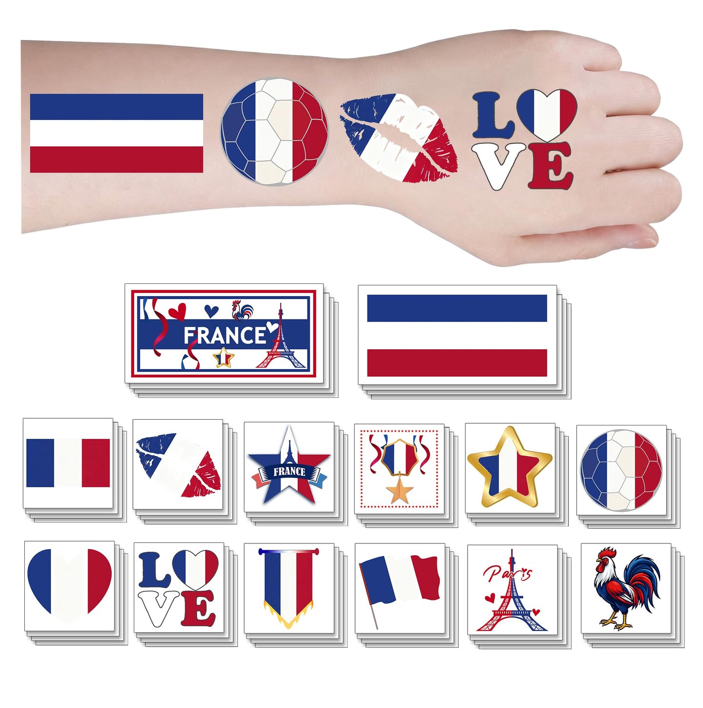 ZH BOCO ARTS 56Pcs French flag Temporary Tattoos Waterproof for World Cup Adults Kids,France Flag Temporary Tattoos Face Body Art Stickers for Football Fans Sports Events Festival Party Supplies